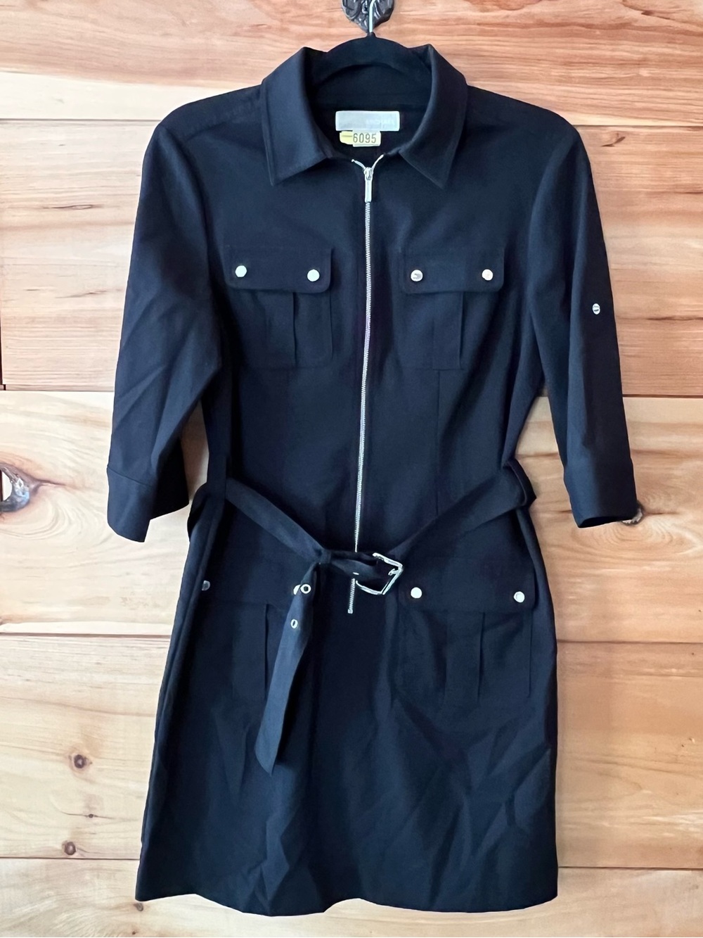Michael Kors Black Zip-Front Belted Shirt Dress, Edgy Moto Minimalist Safari